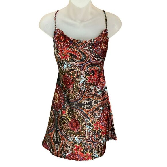 SHEIN Mini Dress Crisscross Tie Back Paisley Orange Red Black Multi Junior XS - Picture 1 of 9